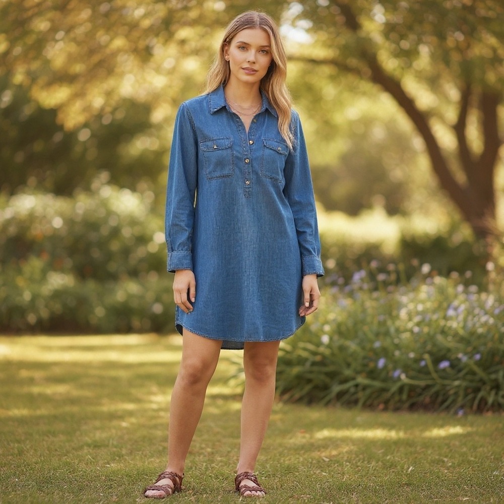 Old Navy Chambray Denim Shirt Dress Long Sleeve Cotton Tunic Western Boho Size M